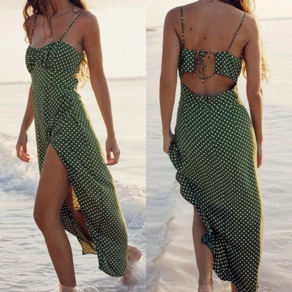 Gorgeous green/white LINEN BLEND POLKA DOT MIDI DRESS😍 - Picture 6 of 12